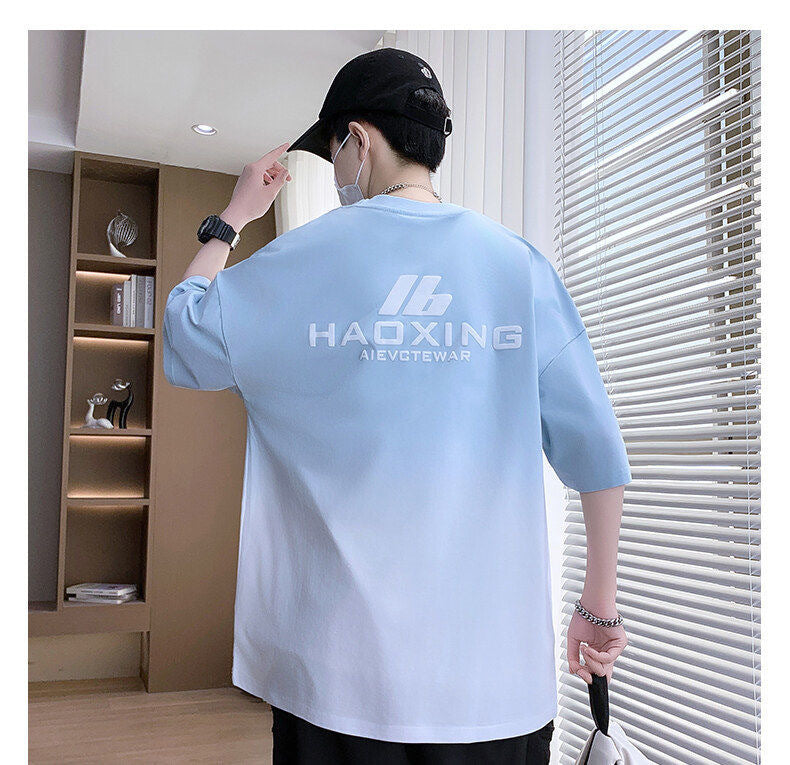 2025Summer New Men's Youth Casual Stylish Trendy Loose Short Sleeve T Shirt Gradient Color for Middle and High School Students