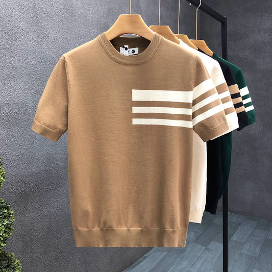 2025New Short Sleeve Knitted Shirt for Men, Striped, Simple, High-End Business, Mature, Slim Fit, Ice Silk T Men's Shirt