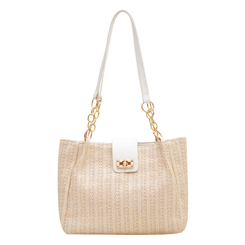 2025Women's Spring New Small Chanel Style Bag for Work Commute Versatile Straw Woven Large Capacity Wide Shoulder Strap Women's Single Shoulder Bag