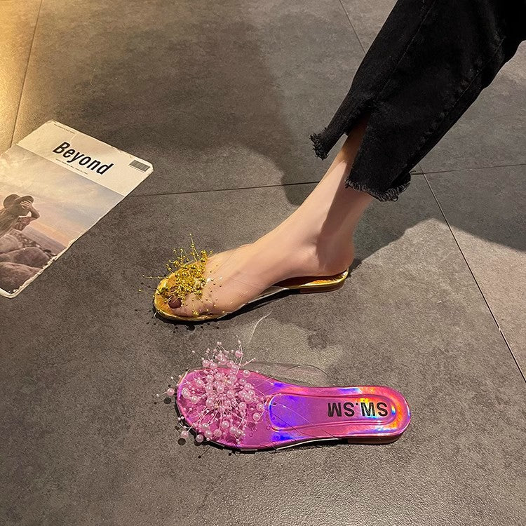 Sparkling Silver Transparent Beaded Closed-Toe Mules for Women2024Summer Internet Celebrity Super Popular Sandals Slippers