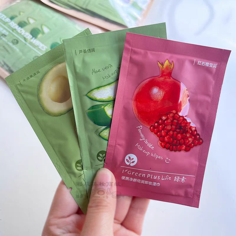 Green Pigment Makeup Remover Wipes Lazy Makeup Remover Wipes Portable Cleansing Aloe Vera Red Pomegranate Avocado Individually Packaged15Piece