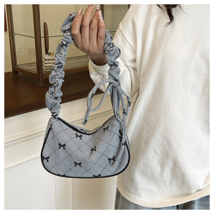 Sweet Bow Plaid Single Shoulder Underarm Crescent Bag2024Autumn new simple casual large capacity handbag