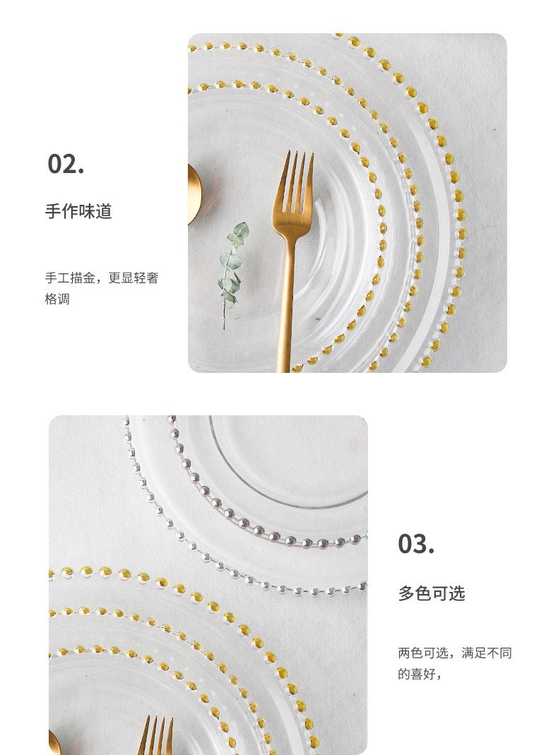 Nordic Gold-Plated Bead Plate Luxury Glass Electroplated Plate Round Pearl Western Steak Plate Silver Large Size Bead Plate