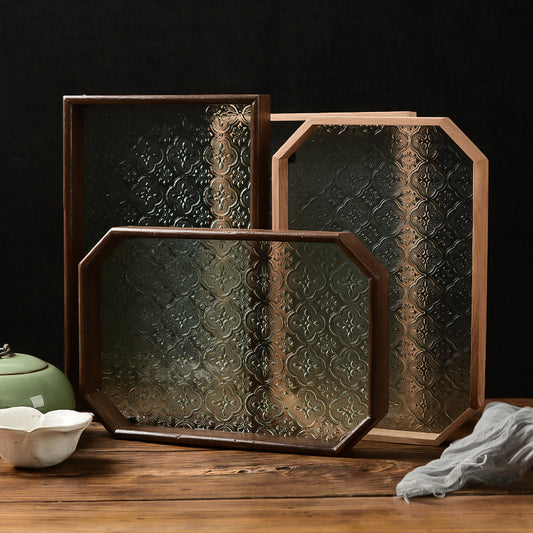 Begonia Embossed Glass Tray Walnut Color Rectangular Tea Tray Storage Ornaments Tea Water Cup Fruit Snack Plate