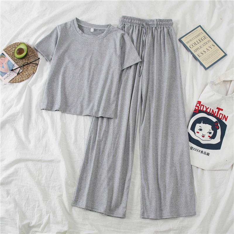 In Stock Cross-Border Amazon Summer New Korean Style Fashionable Petite Height-Enhancing Set Women Short Sleeve Wide-Leg Pants Casual Pants
