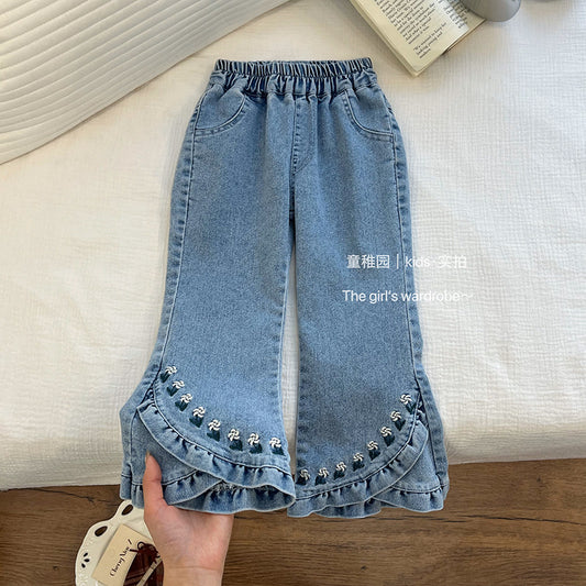 Girls' Denim Flared Pants Spring and Autumn New Style Korean Style Children's Slim Fit Spring and Autumn Outfit Baby Slightly Flared Pants Trendy