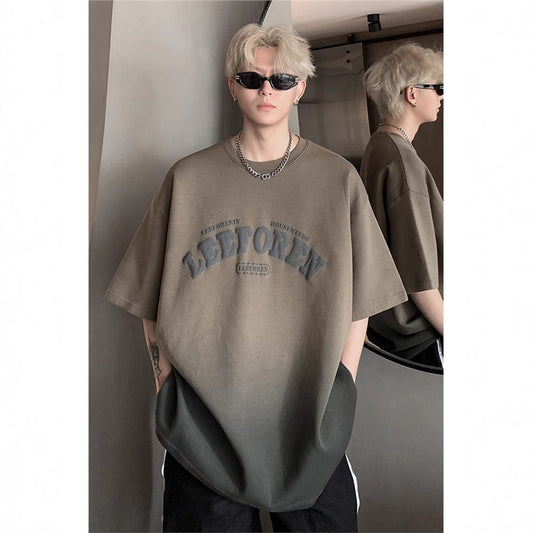 New Retro Heavyweight t Men's Washed Vintage Coffee Gradient Short Sleeve Summer Trendy Brand European and American Street Style Three-quarter Sleeve