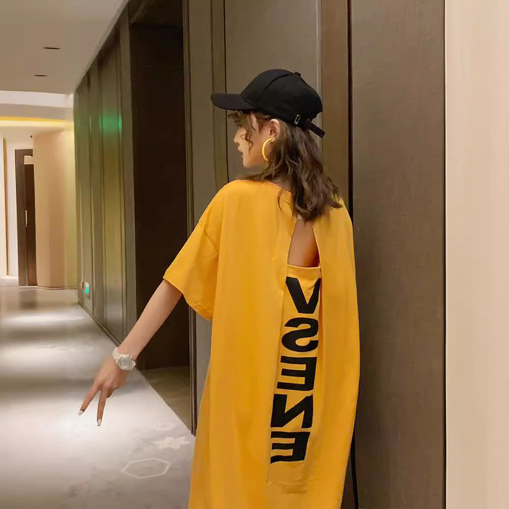 Summer Korea200Jin Fat mm Dress Women's Long Backless Loose Maxi Dress Plus Size Short Sleeve Maternity T T-shirt Skirt