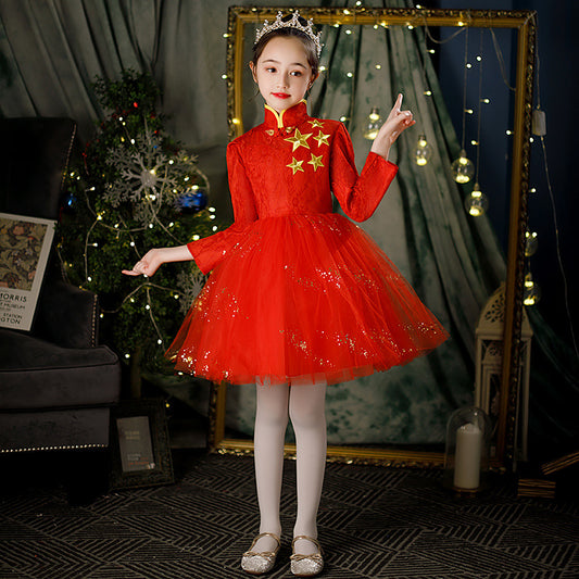 Children's Dance Costume for Children's Day, Red Theme Chorus, Poetry Recitation Performance Costume, Girls' Dress Set