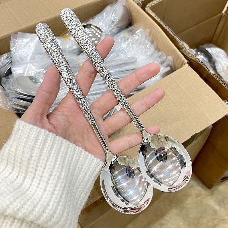 Korean Style Ice Pattern Spoon Soup Spoon Stainless Steel Hammered Long Handle Spoon Dining Western Soup Spoon Student Spoon Adult Rice Spoon