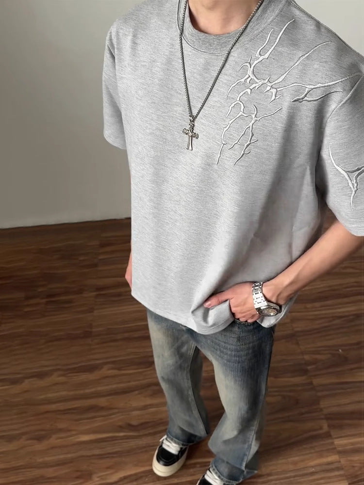 Lightning Embroidered Short Sleeve t Men's Summer New Loose American Retro High Street Round Neck Half Sleeve T-Shirt