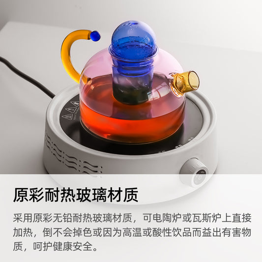 Creative Color-Block High-Temperature Resistant Glass Tea Water Separation Filter Small Teapot for Home Use with Electric Ceramic Stove for Tea Brewing