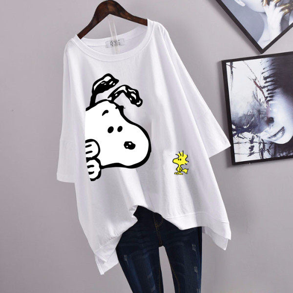 200Plus Size Women's Summer Leaf Print Casual Split Mid-Length Short Sleeve Dress T Women's Loose Fit Plus Size Shirt