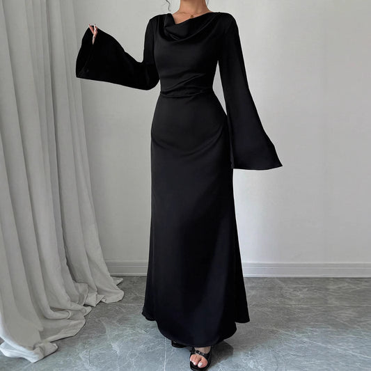 Pear-shaped Body Wear Women's Long-sleeved Loose Belted Waist Black Long Dress High-end Sense of Temperament Style Dress for Women