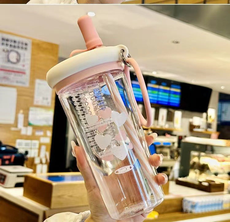 Water Cup for Girls, High Aesthetic Summer Cute Portable Ultra-light Self-contained New Style with Tea Infuser, Internet Celebrity Straw Space Cup