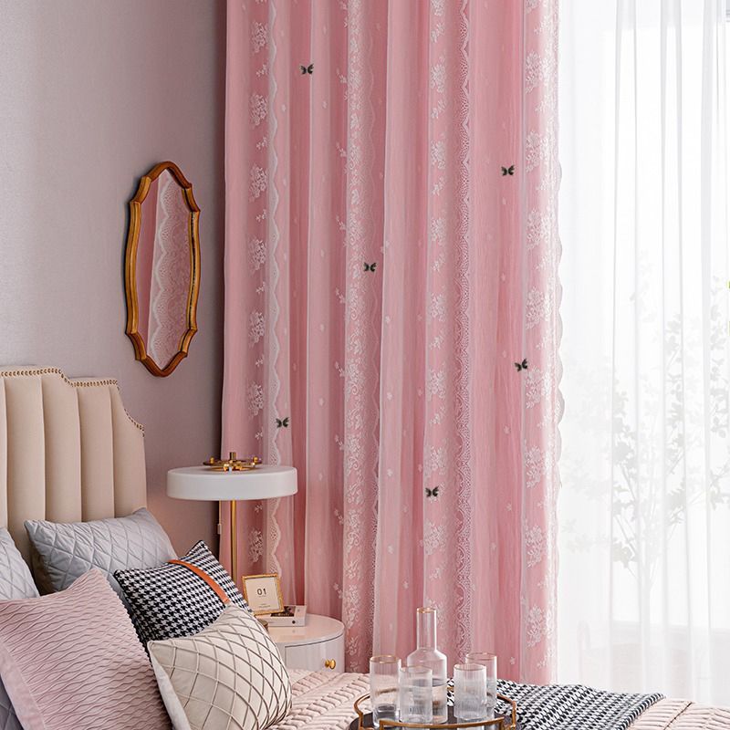 New Cream Style Curtains Cozy Bedroom Blackout Lace Double Layer Fabric Sheer Integrated Bay Window Floor-to-Ceiling Thickened High-End