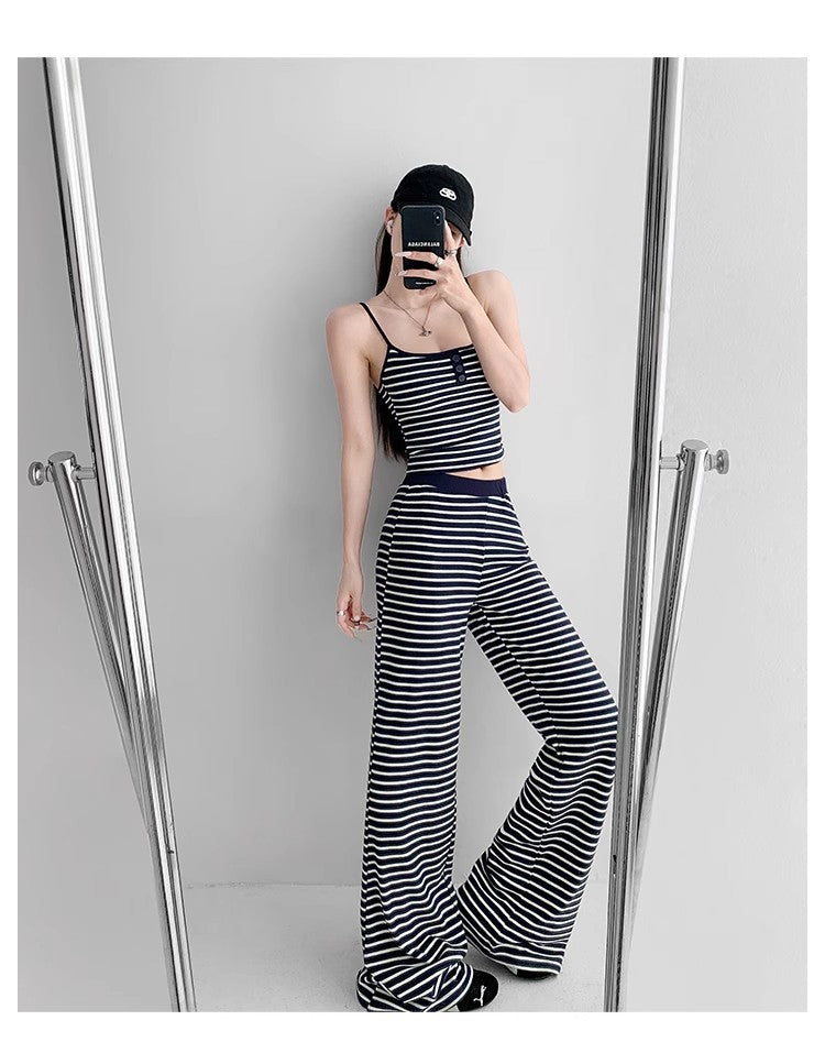 Home Lazy Relaxed Striped Slimming Wide-Leg Pants for Women Summer Hot Girl Fashion Camisole Vest Casual Two-Piece Set