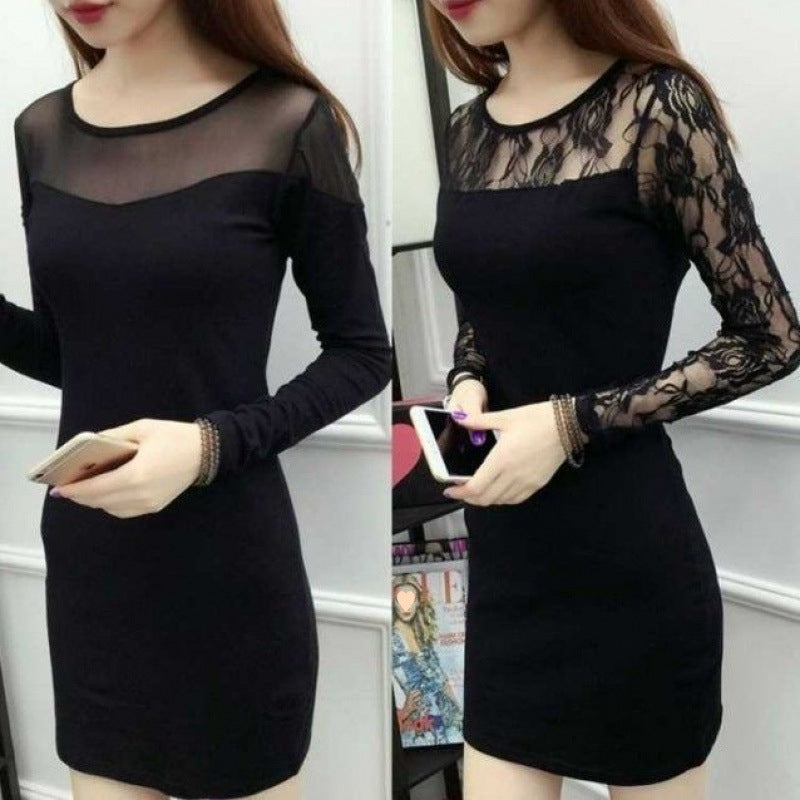 Plus Size Fat2024Spring and Autumn New Korean Style Striped Lace Mesh Patchwork Bodycon Mid-Length Shirt Dress