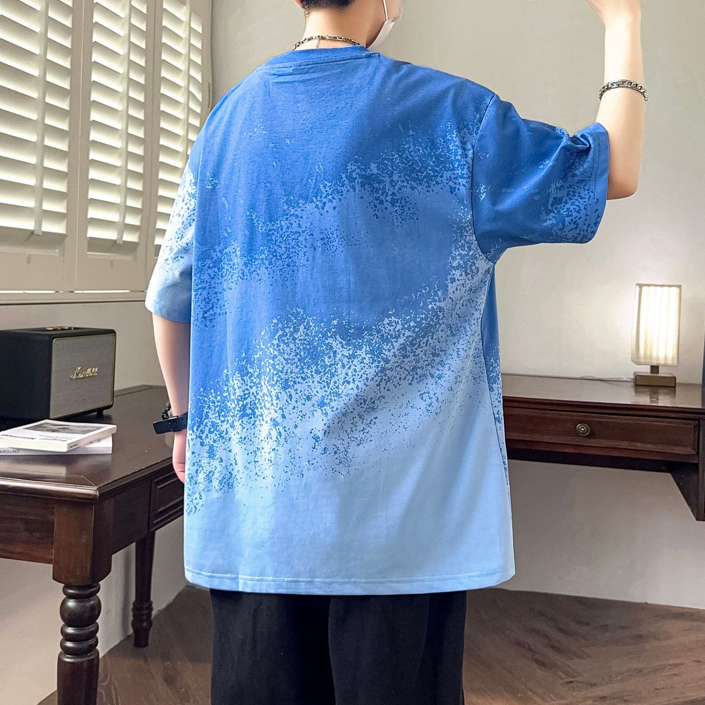 2025Summer New Men's Youth Casual Stylish Trendy Loose Short Sleeve T Shirt Gradient Color for Middle and High School Students