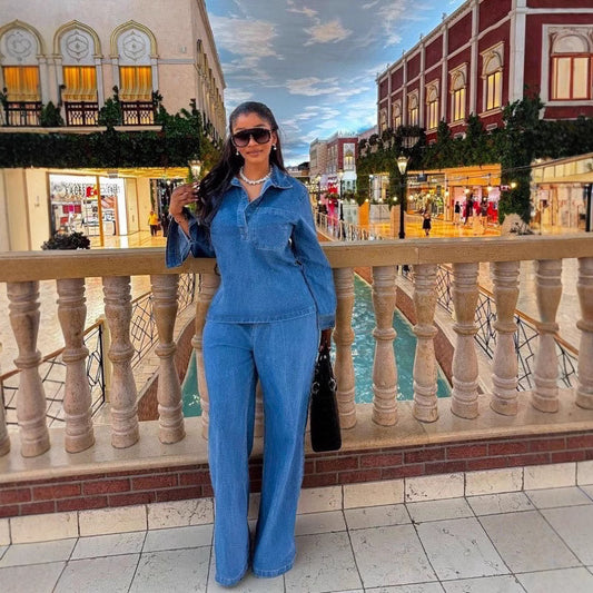 Cross-Border European and American New Women's Denim Suit Long Sleeve Lapel Pocket Top Lace-up Straight-leg Pants Two-piece Set