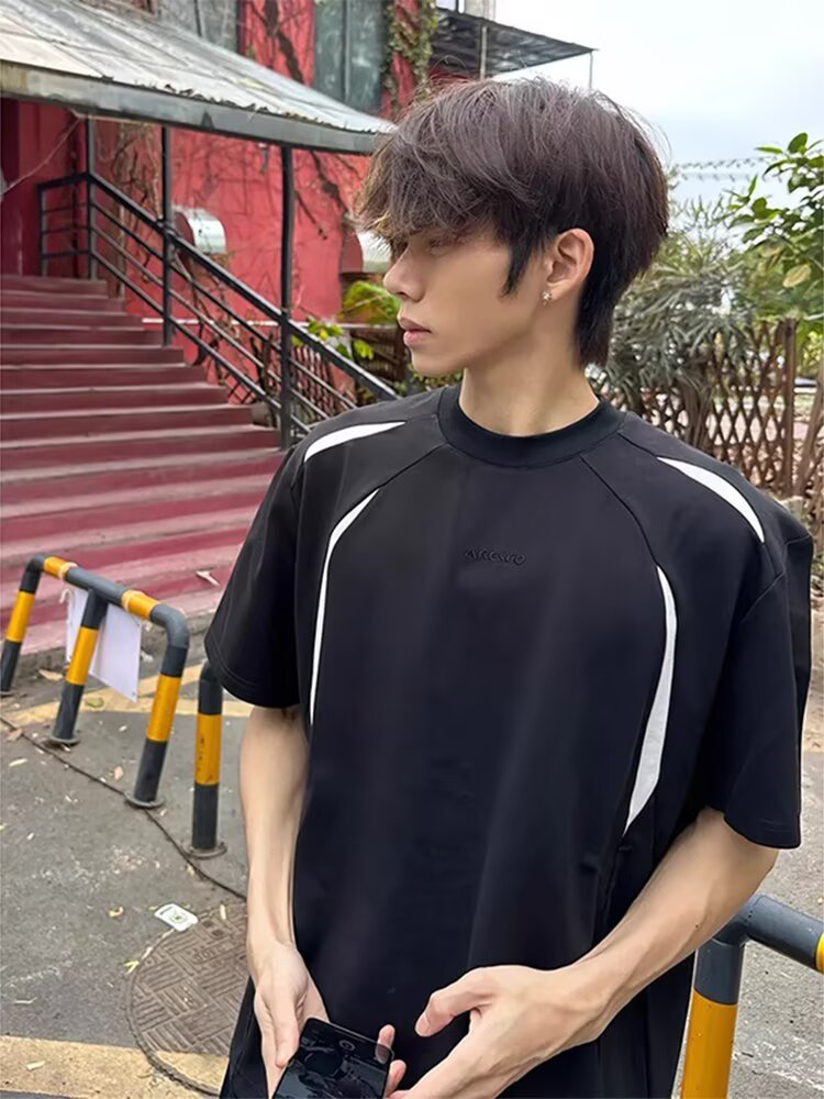 Gray Deconstructed Patchwork Design Short Sleeve Men's Summer Outfit Half Sleeve Top American Style Trendy Brand Regular Shoulder t T-shirt