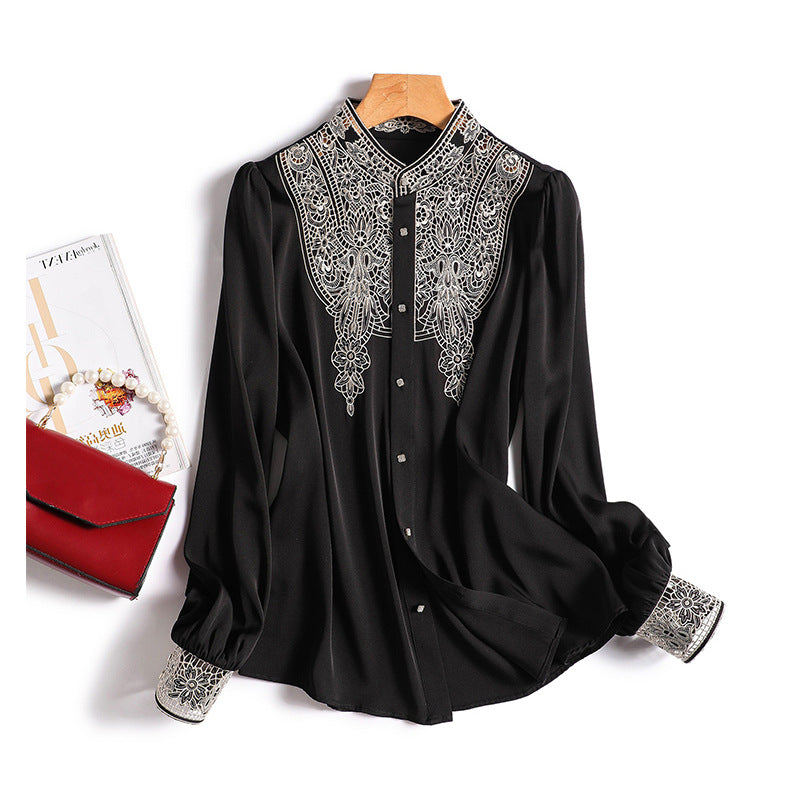 D Luxurious and Elegant Style~Silk Hollow Embroidery Silk Shirt for Women Long Sleeve Fashion Cardigan Summer Top