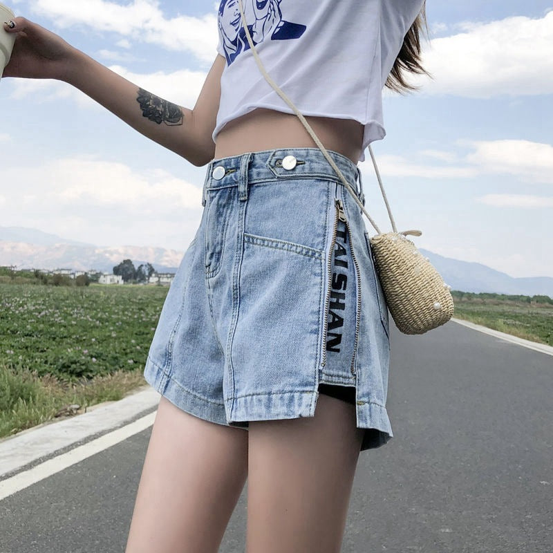 Side Zipper High Waist Denim Shorts Women Summer Loose Fit2025New Year's Slimming Letter Print Wide-Leg Hot Pants Trend