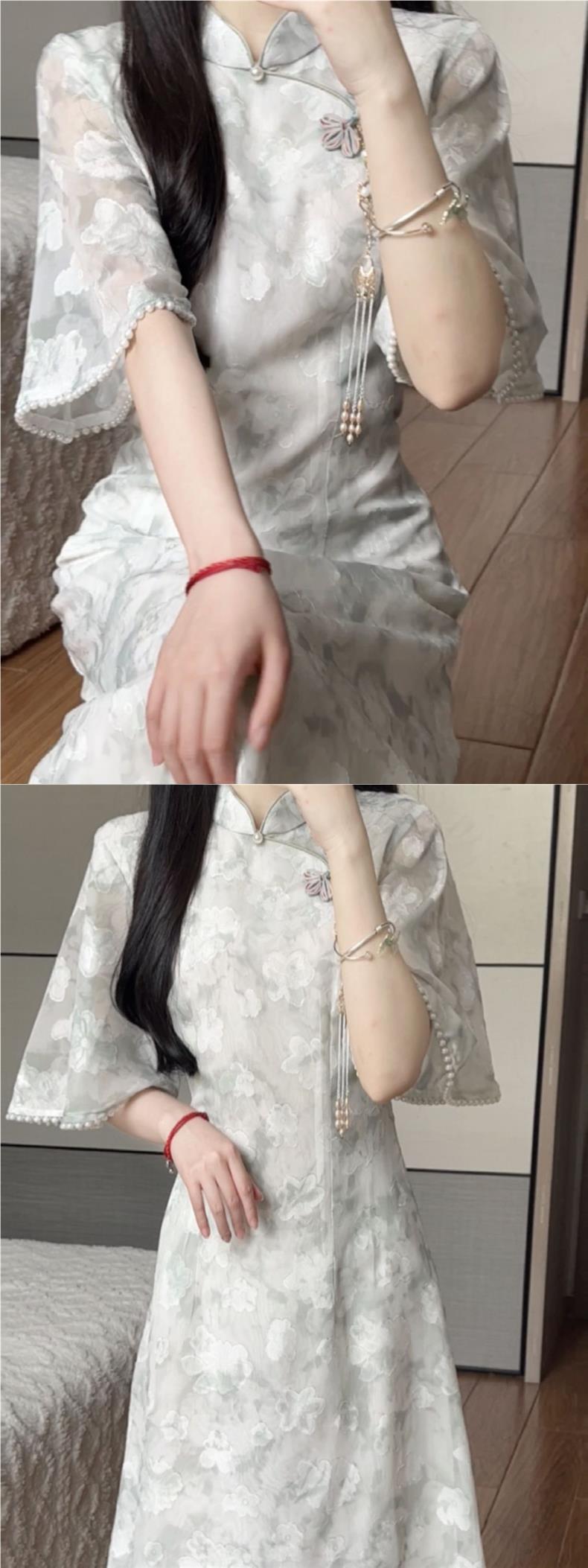 Matcha2024New Summer Style Fresh Elegant Improved Cheongsam Long Daily Youth Dress