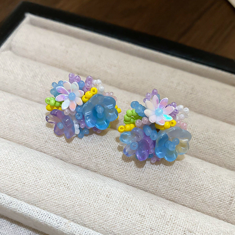 Resort Style Silver Needle Fabric Flower Tassel Earrings High-End Fashion Earrings Bohemian Sweet Exaggerated Ear Jewelry