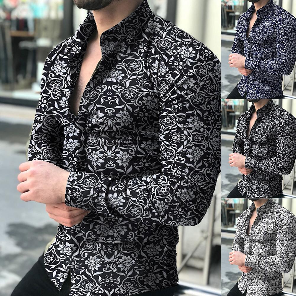 Spring and Autumn Long Sleeve Shirt Cross-Border European and American Printed Shirt Amazon Men's Casual Floral Shirt Slim Fit Shirt for Men