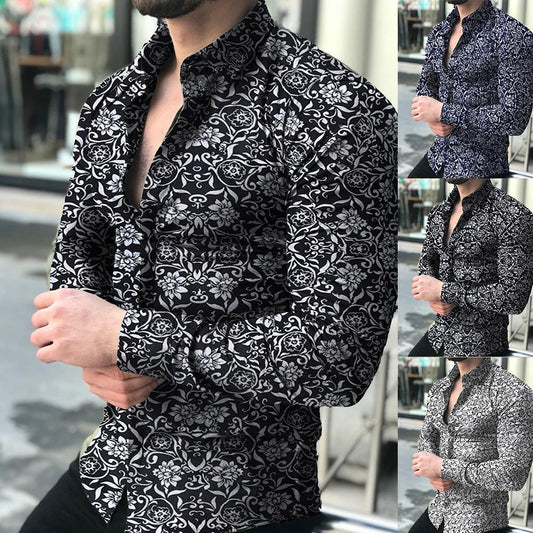 Spring and Autumn Long Sleeve Shirt Cross-Border European and American Printed Shirt Amazon Men's Casual Floral Shirt Slim Fit Shirt for Men