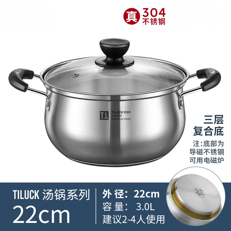 304Stainless Steel Soup Pot for Home Use, Non-Coated Instant Noodle Pot, Double Ear Small Pot, Steamer, Special for Gas and Induction Cookers