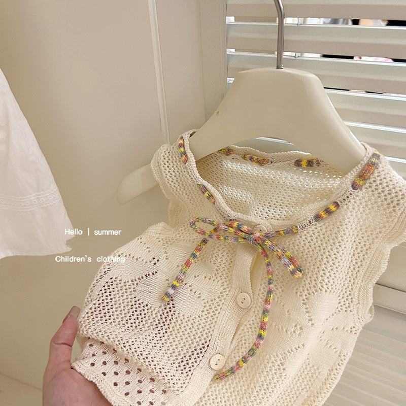 Sweet Little Sister Children's Clothing Girls' Hollow Cool Knitted Vest2025Summer new children's thin knit top
