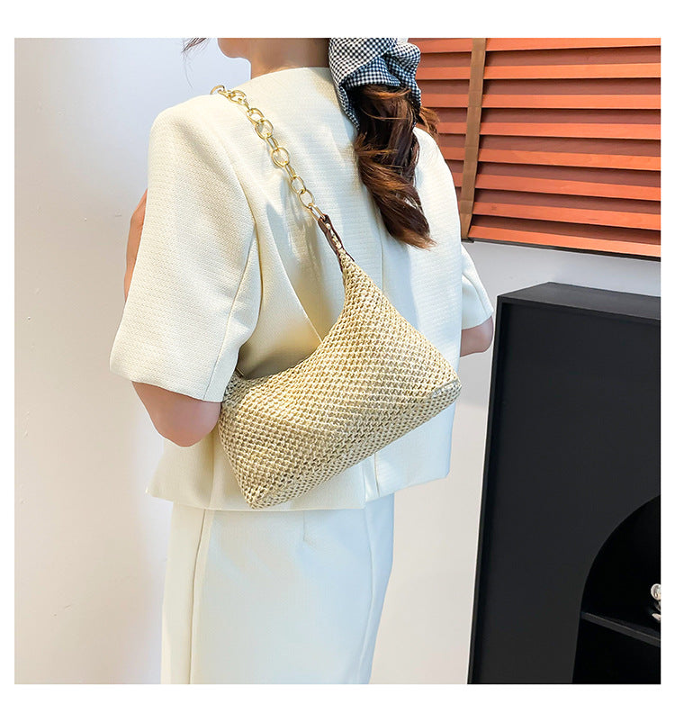 South Korea ins Vintage Woven Tote Bag Straw Bag Large Capacity Underarm Bag Shoulder Bag Vacation Style Beach Bag for Women