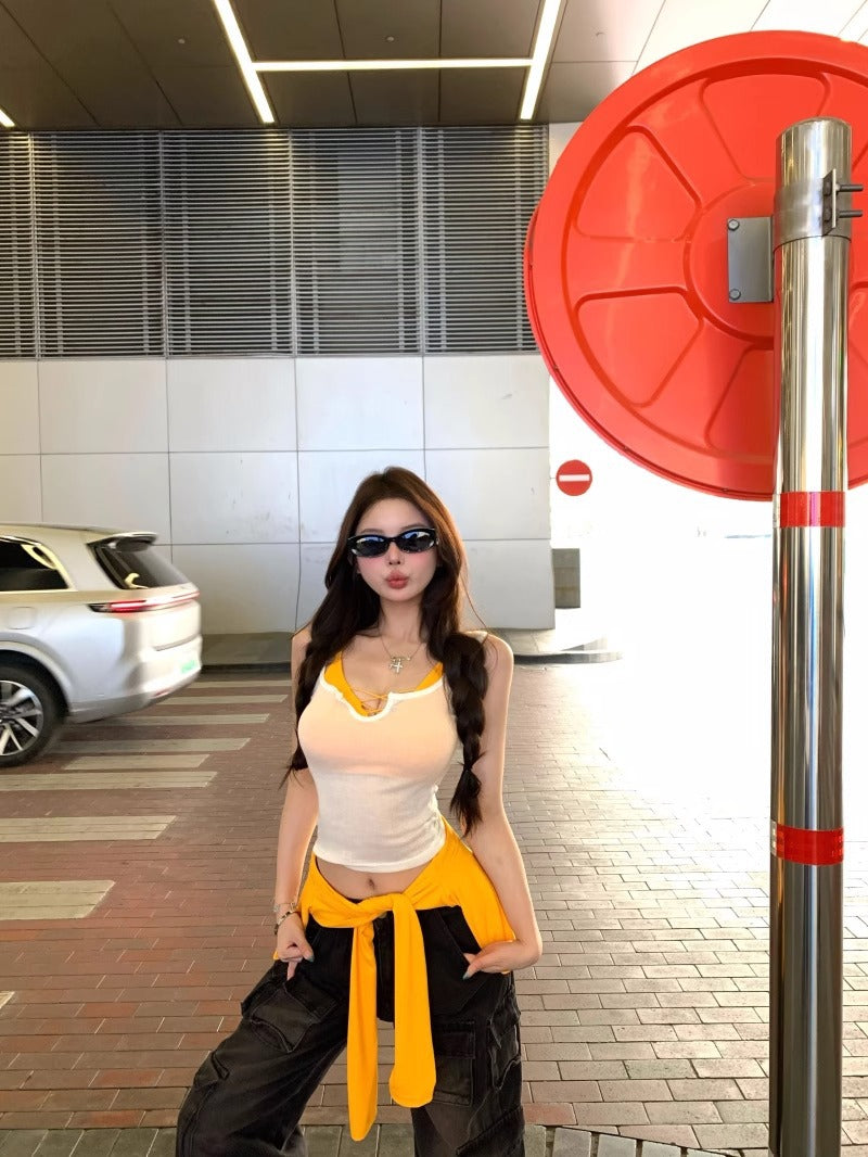 Spicy Girl Two-Piece Set Semi-Sheer Tencel Tank Top Slim Fit Sexy Pure Desire Cross Strap Bustier