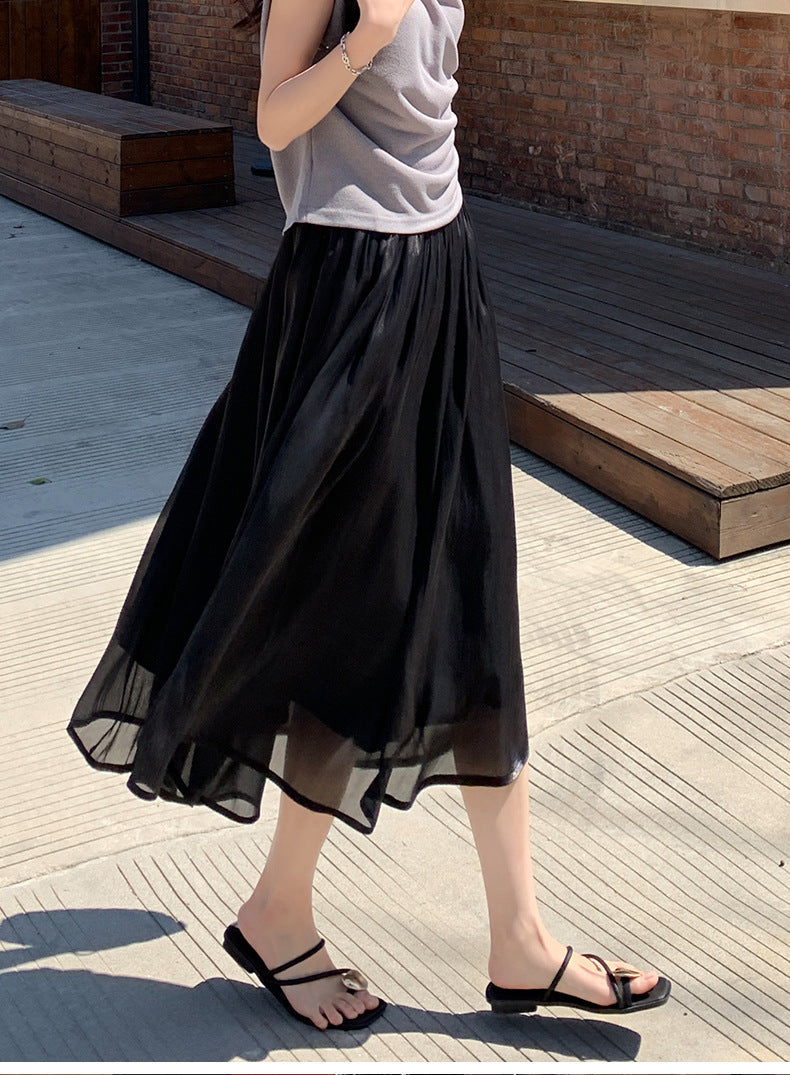 High-end Flowing Sheer Skirt for Women in Summer2025New Style Glassy Sheer Large Hem Mid-Length Draped a Women's pleated skirt