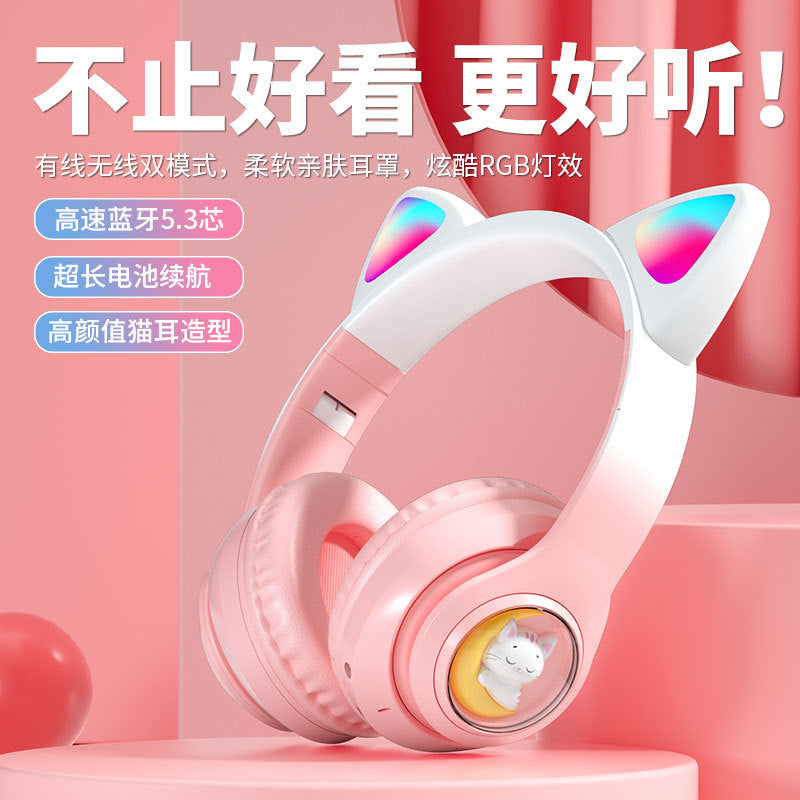 Space Capsule Cat Ear Bluetooth Headphones5.3Head-mounted Cute Glowing Cross-border Hot Item STN28S Ultra-long life battery