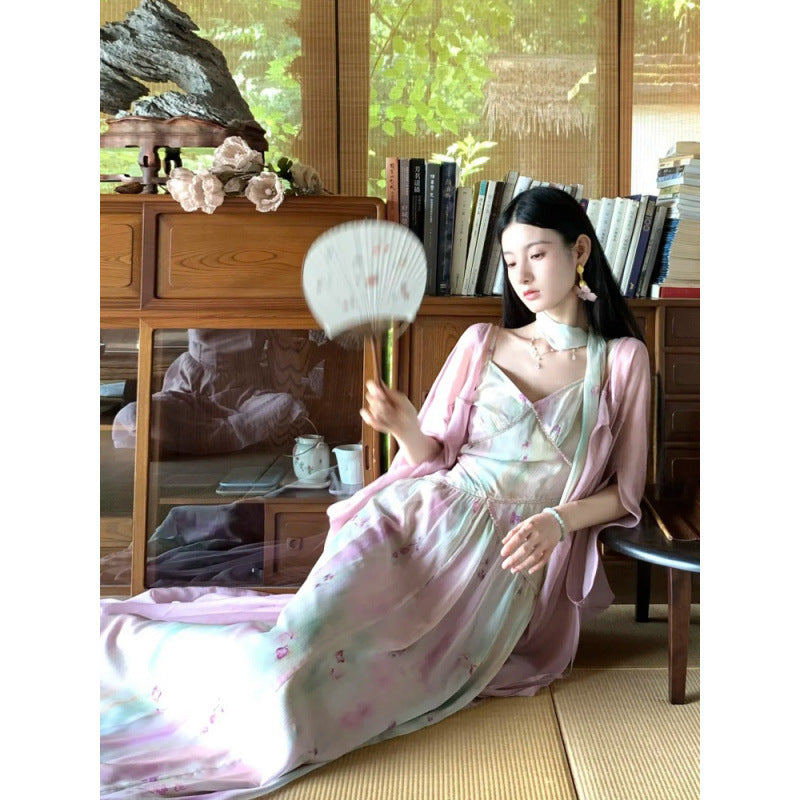 Cool Beauty Lotus Color Fairy-like Summer Atmosphere Cape Blouse Jacket Floral Strap Long Dress Set