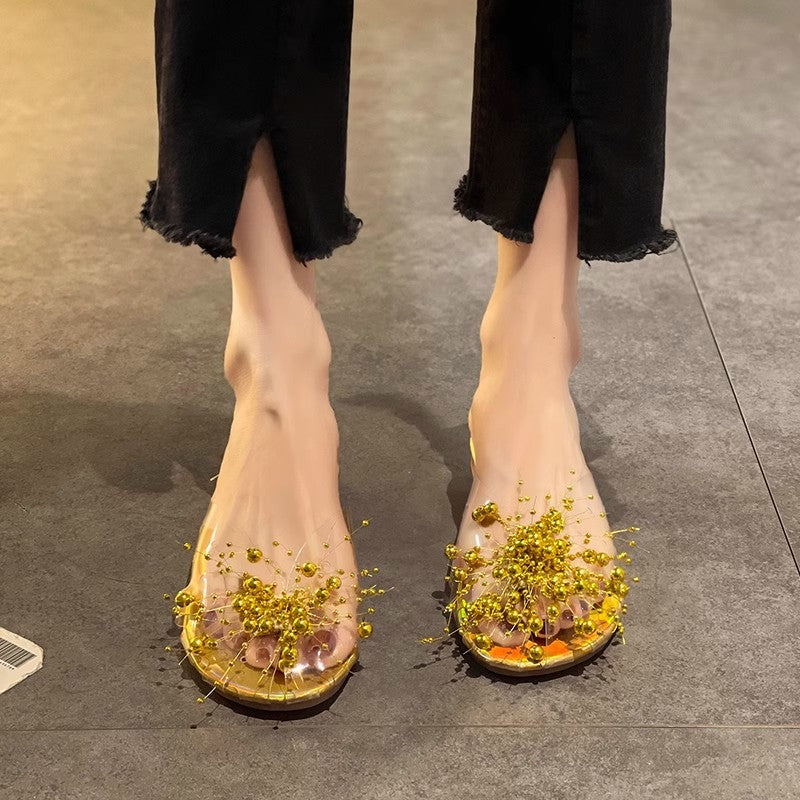 Sparkling Silver Transparent Beaded Closed-Toe Mules for Women2024Summer Internet Celebrity Super Popular Sandals Slippers