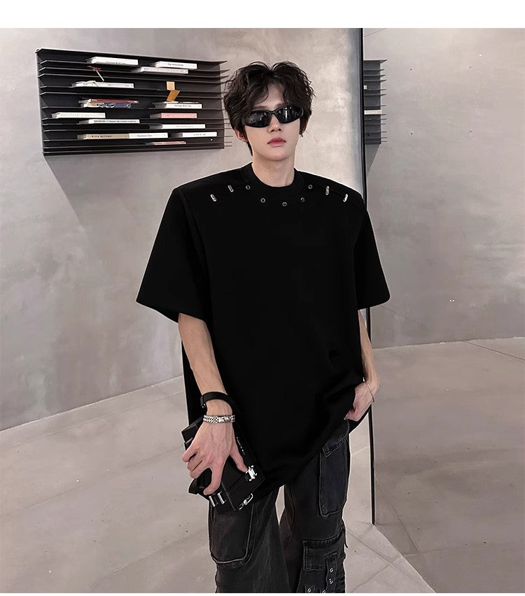 2025High-end Stylish Padded Shoulder Short Sleeve T Men's Summer Shirt with Unique Metal Decoration Design Heavyweight Top t T-shirt
