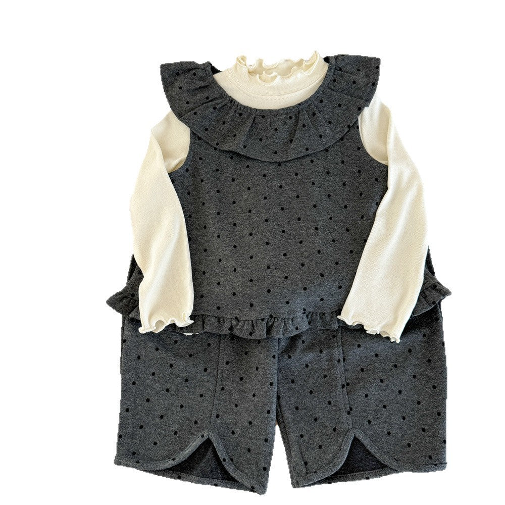 Sweet Little Girl Korean Style Set Autumn New Children's Back-to-School Stylish Lace Polka Dot Vest Wide-Leg Pants Three-Piece