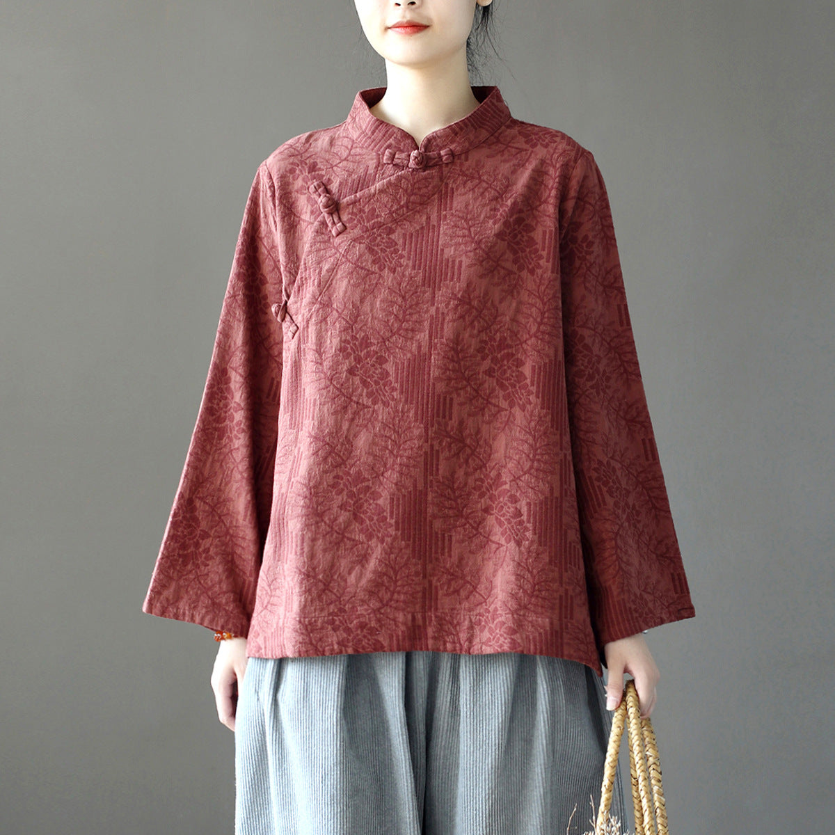 8813Xi Mo Women's Clothing Republic of China Retro Artistic Spring and Autumn New Double Layer Jacquard Button Shirt Chinese Style Short Top
