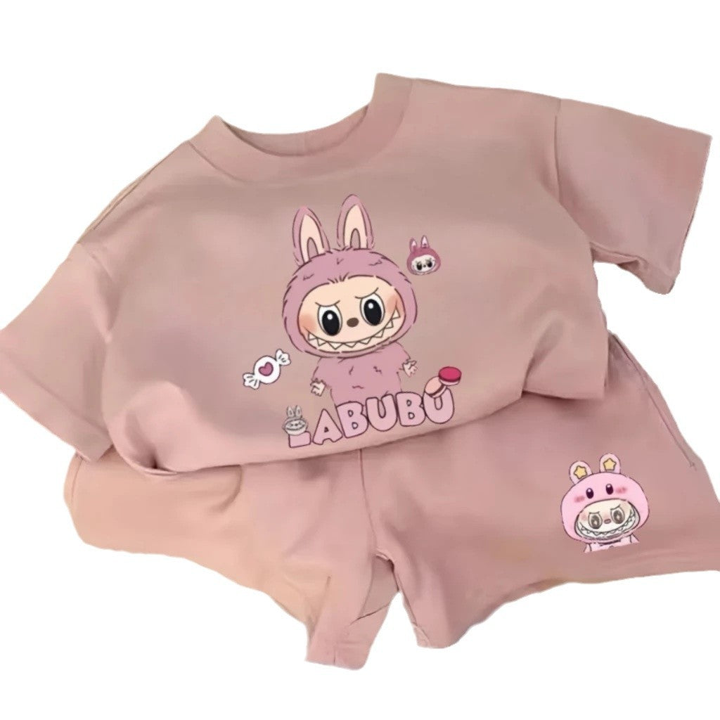 Cute Short Sleeve and Shorts Cartoon Fashion Casual Set for Boys and Girls, Loose Trendy Two-Piece Set for Toddlers and Kids