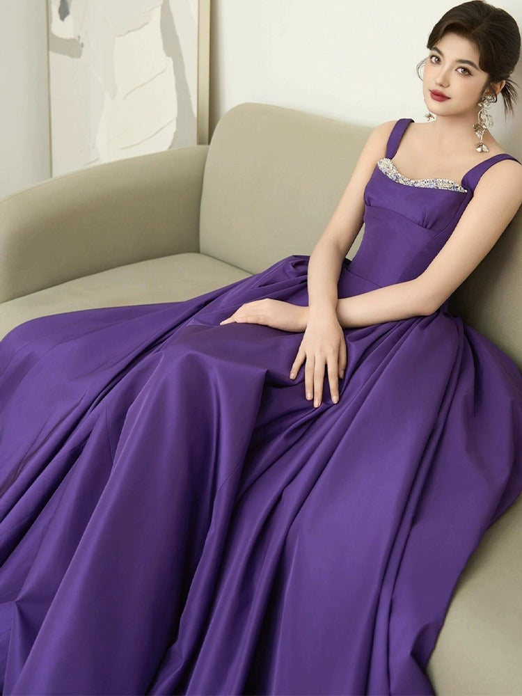 Purple suspender elegant evening dress for birthday party and coming-of-age ceremony2025New Sleeveless Long Dress Satin Elegant Gown