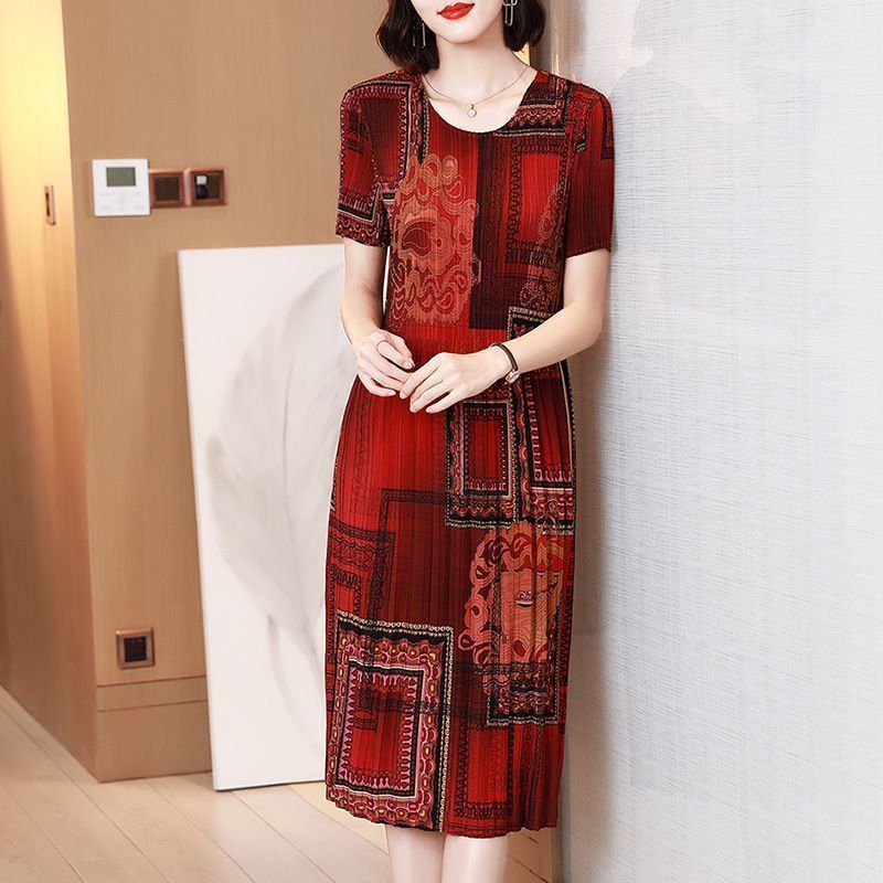Pleated Printed Short Sleeve Mid-Length Mom Dress2025Summer Retro Round Neck Casual Loose Plus Size Dress