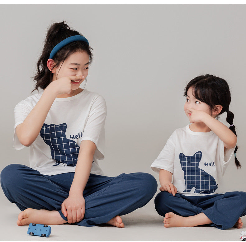 Parent-Child Cotton Homewear Summer Style Children's Short Sleeve Long Pants Set Cartoon Air Conditioning Clothing Sweat-Absorbing Printed Pajamas Couple Outfit