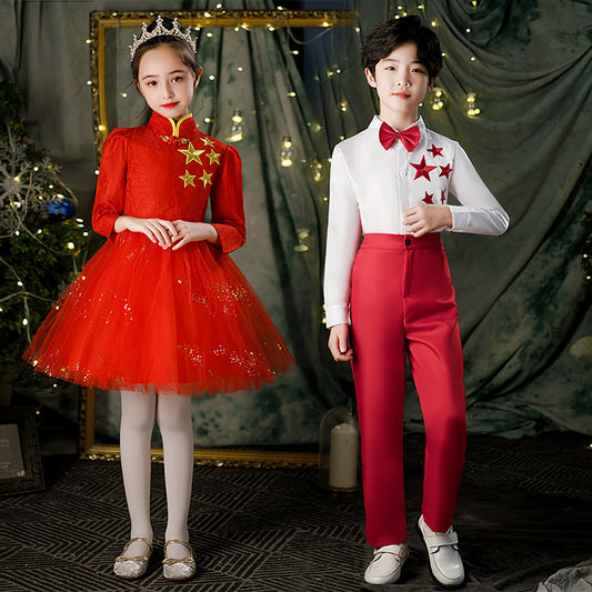 Children's Dance Costume for Children's Day, Red Theme Chorus, Poetry Recitation Performance Costume, Girls' Dress Set