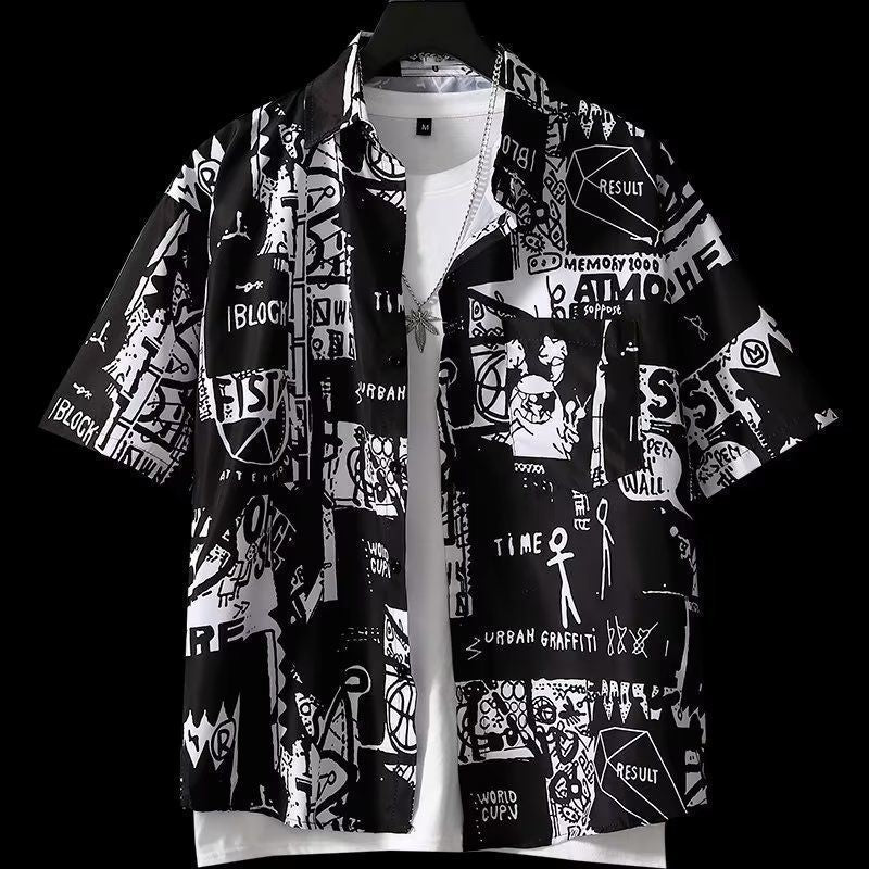 Japanese Retro Print Short Sleeve Shirt Men Letter Shirt Loose Casual Versatile Thin Short Sleeve Shirt