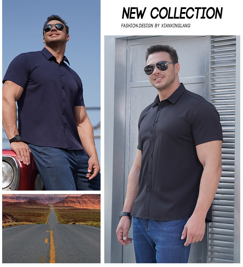 Plus Size Men's Clothing Fat Guy Summer Thin Short Sleeve Shirt Fat Brother Business Casual Loose Slightly Elastic Solid Color Professional Shirt