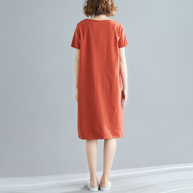 Plus Size Women's Summer Loose Korean Style Mid-Length Dress T Shirt and Skirt for Plus Size mm Solid Color V Collared Slimming Short Sleeve Dress